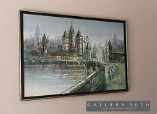 STUNNING ORIG. MID CENTURY CITYSCAPE OIL PAINTING VTG 50S 60S ART EUROPE RIVER picture