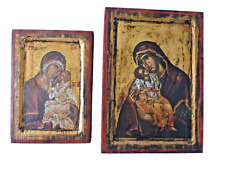 Couple of Antique  Madonna Child Painted  Wood Orthodox Christian Icon Religious picture