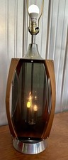 Vintage Mid Century Modern Danish Brutalist Lawrin Walnut Smoked Lucite MCM Lamp picture