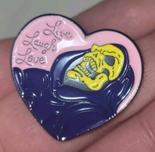 Heart SKELETOR Laughing Live Laugh Love Quote Anime Cartoon Skeleton Brooch Pin picture