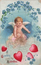 Ellen Clapsaddle Valentines Postcard Cherub Cupid Spider Web Hearts Spooky I16 picture