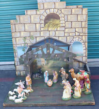 Vintage Chalk Ware Christmas Nativity Set w/ 20 Figures Painted Background Italy picture