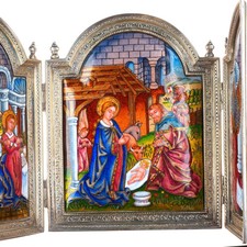 Vintage Valles Sterling silver Enamel folding Nativity Jesus & Mary scene picture