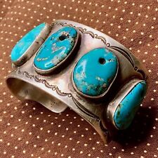 1920s RARE Darkest Neon Blue Turquoise Old Early Ingot Silver Navajo Native Cuff picture