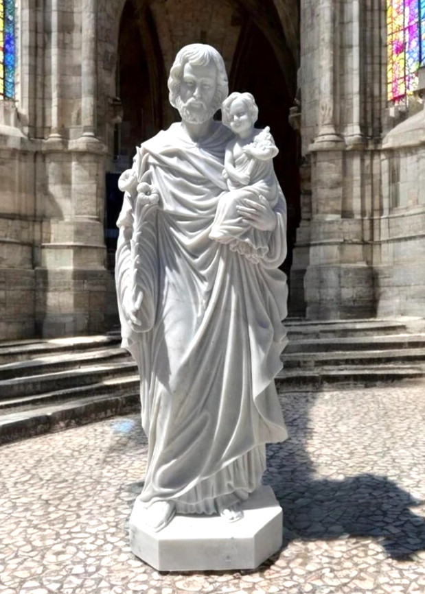 Nice Large Carved Marble Statue of St. Joseph with Child, 72 Nice Large Carved Marble Statue of St. Joseph with Child, 72
