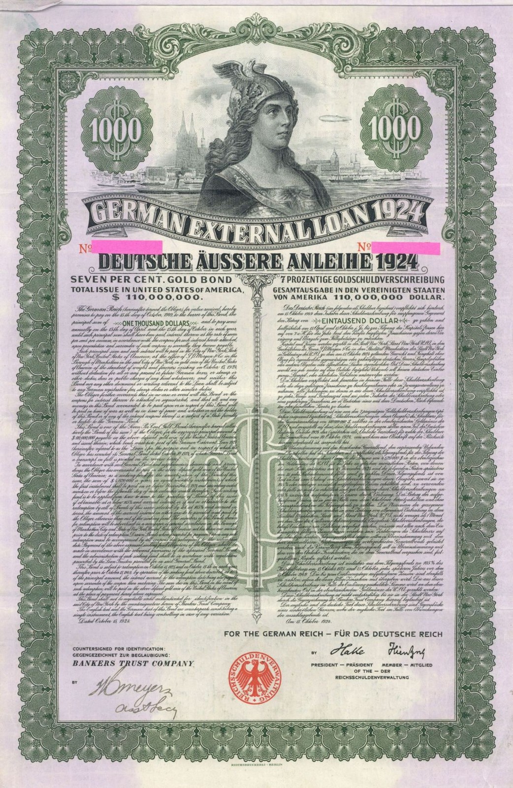 Uncanceled German Dawes External Gold Loan 7% 1924 $1,000US Bond with Pass-co