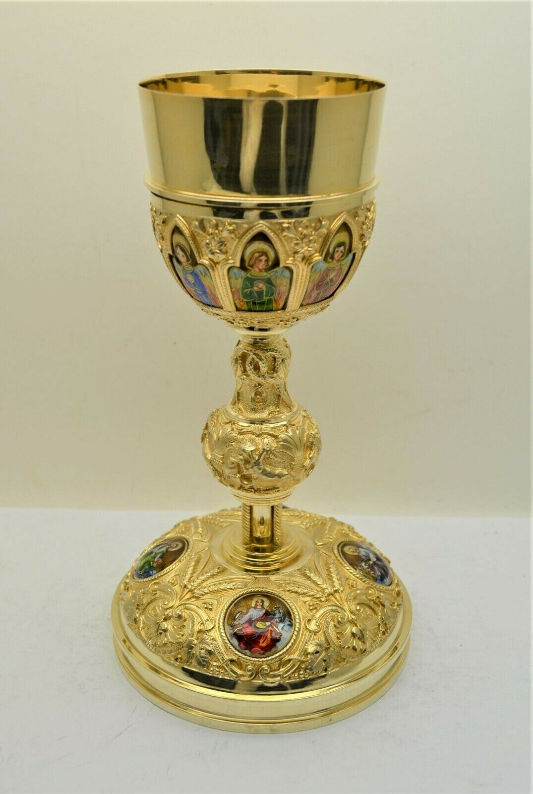 Nice Older Antique Goldplated Chalice with Enamels, 4 Evangelists, 9 1/4 Nice Older Antique Goldplated Chalice with Enamels, 4 Evangelists, 9 1/4
