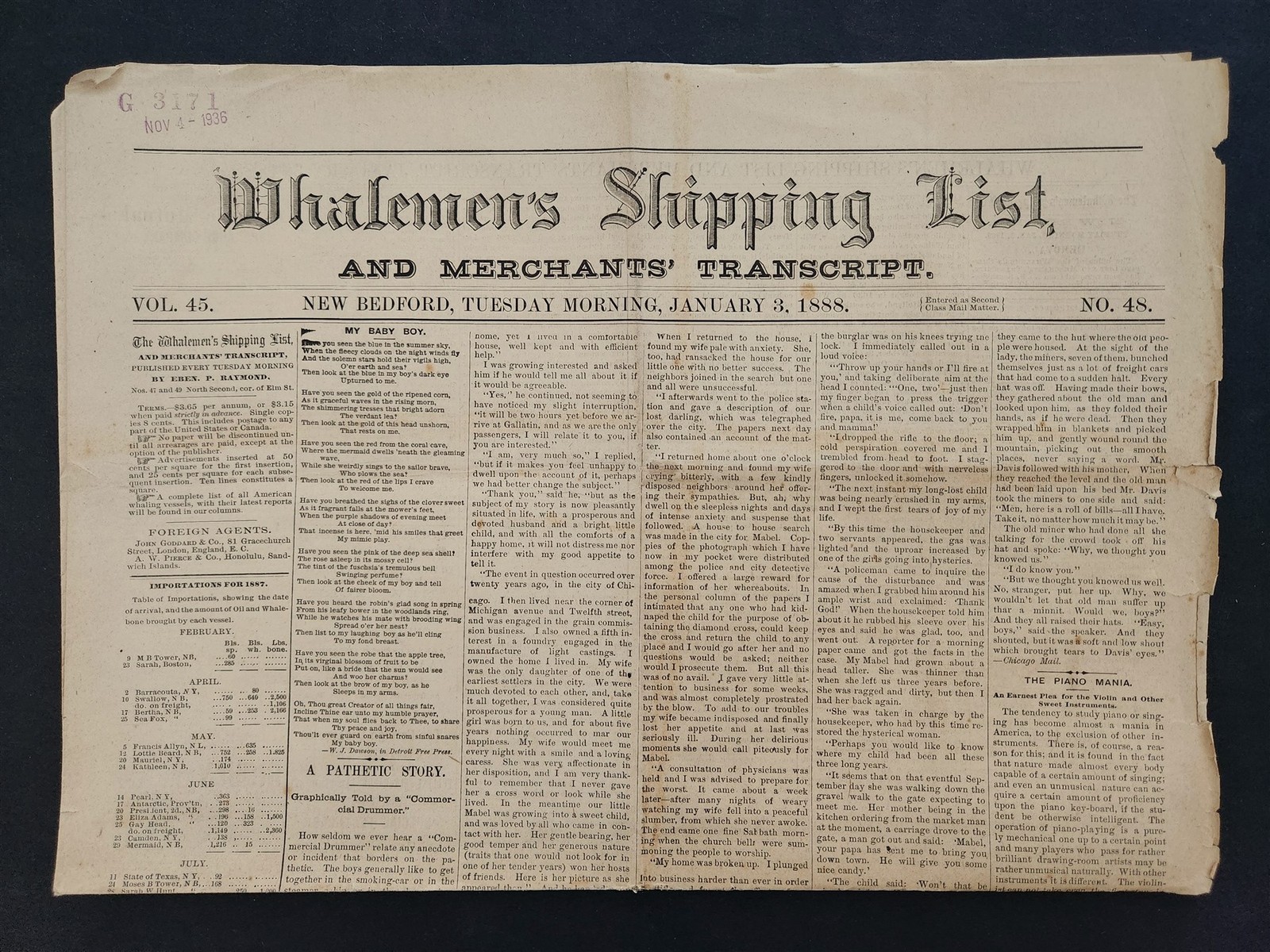1888 antique WHALEMEN'S SHIPPING LIST NEWSPAPER new bedford ma JAN3 sperm whale 1888 antique WHALEMEN'S SHIPPING LIST NEWSPAPER new bedford ma JAN3 sperm whale