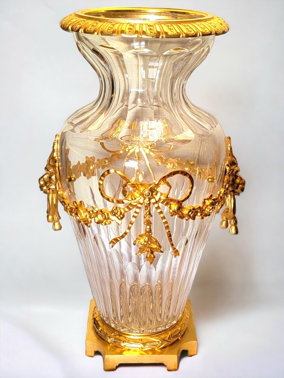 Antique Large Baccarat Glass Vase with Gold Gilded lion Embellishments 19Century Antique Large Baccarat Glass Vase with Gold Gilded lion Embellishments 19Century