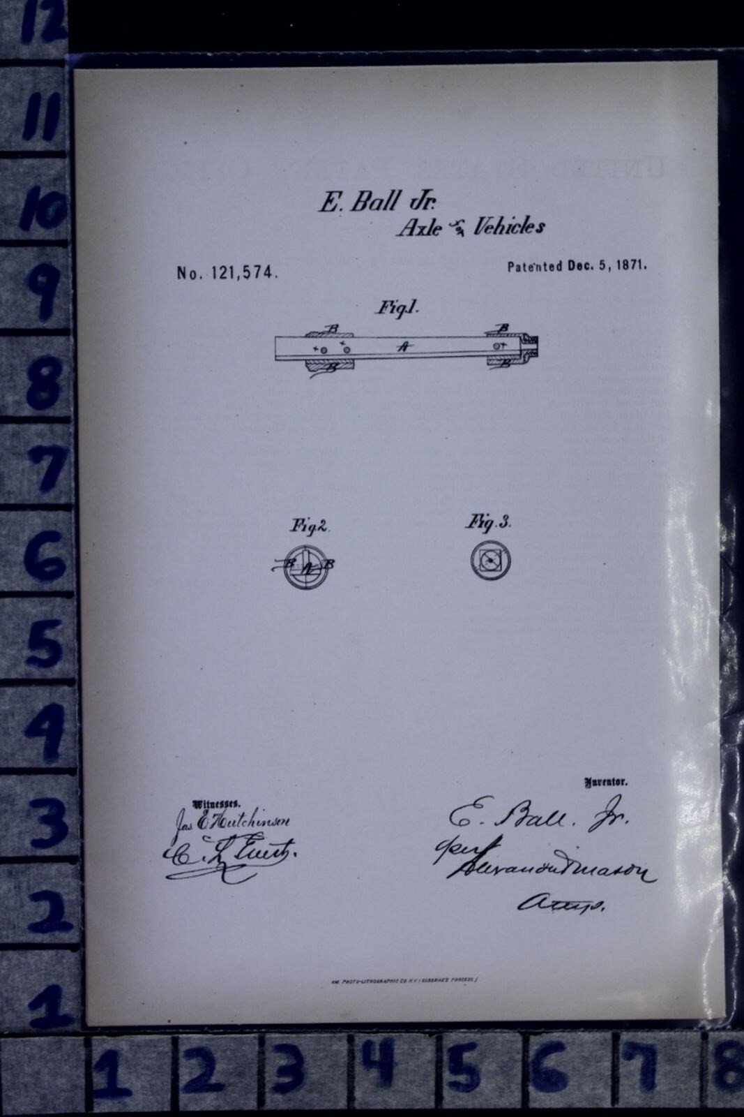 1871 BALL CANTON OHIO AUTO INDUSTRY VEHICLE AXLE MECHANIC PATENT LITHO 121574
