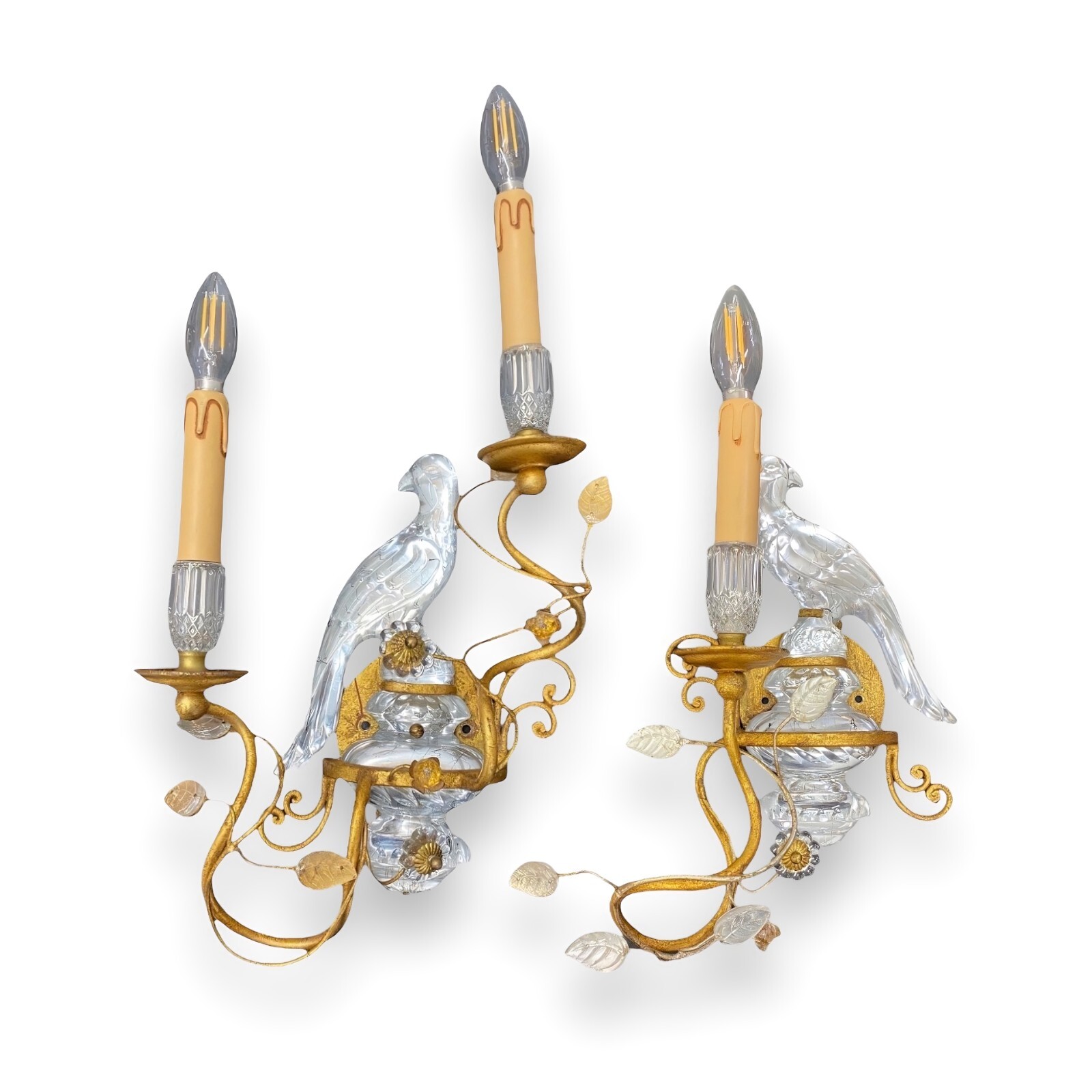 1930s-40s Pair of Maison Bagues French Crystal Parrot and Urn Wall Sconces 1930s-40s Pair of Maison Bagues French Crystal Parrot and Urn Wall Sconces