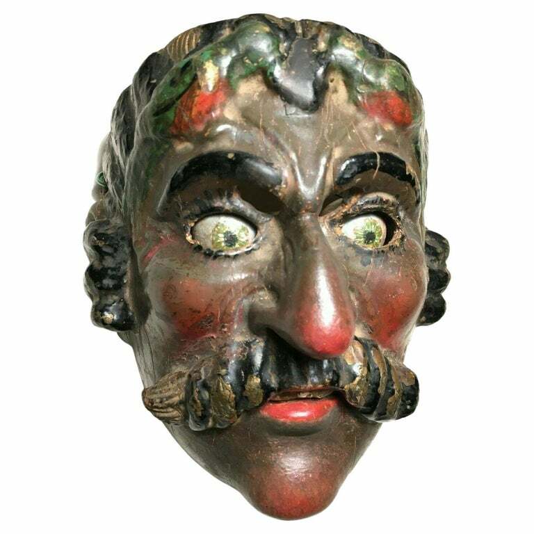 RARE Antique Guatemalan Wooden Dance Mask Patina Spinning Glass Eyes AP Morería RARE Antique Guatemalan Wooden Dance Mask Patina Spinning Glass Eyes AP Morería