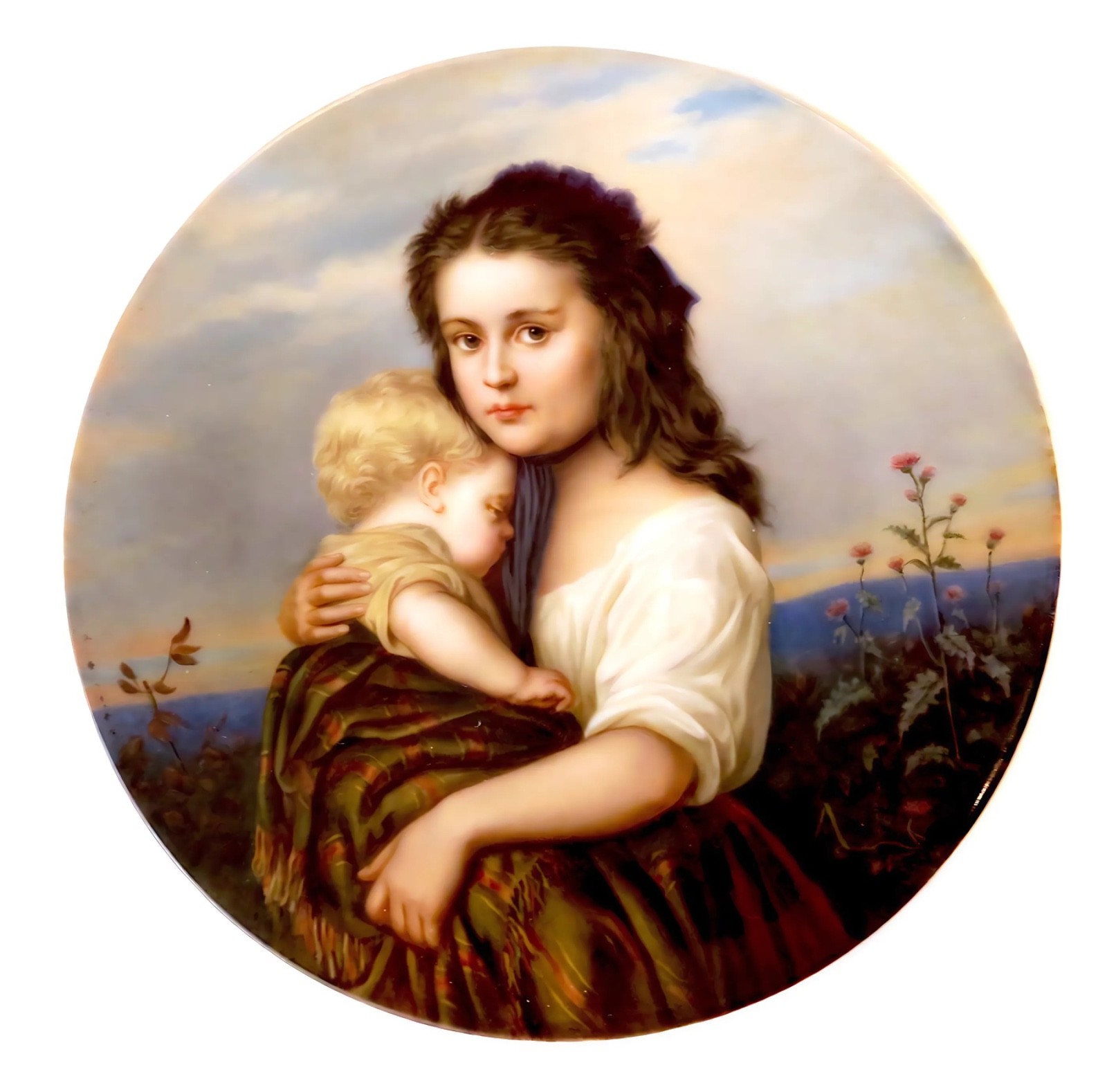 GERMAN Porcelain ANTIQUE - 19th Century Plate/PLAQUE Young GIRL AND Child GERMAN Porcelain ANTIQUE - 19th Century Plate/PLAQUE Young GIRL AND Child