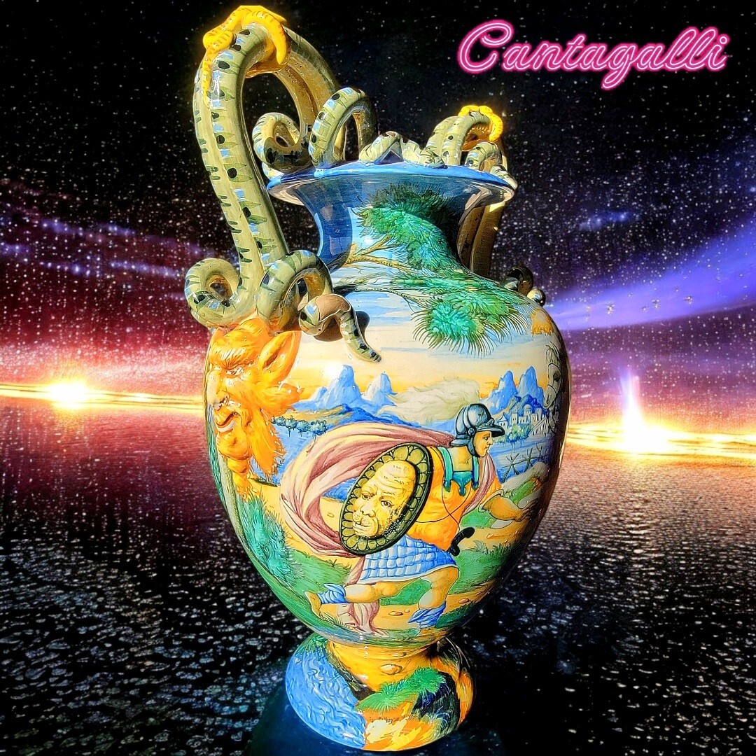 19century Antique Cantagalli Majolica Vase with snake handles & Rooster Logo 19century Antique Cantagalli Majolica Vase with snake handles & Rooster Logo