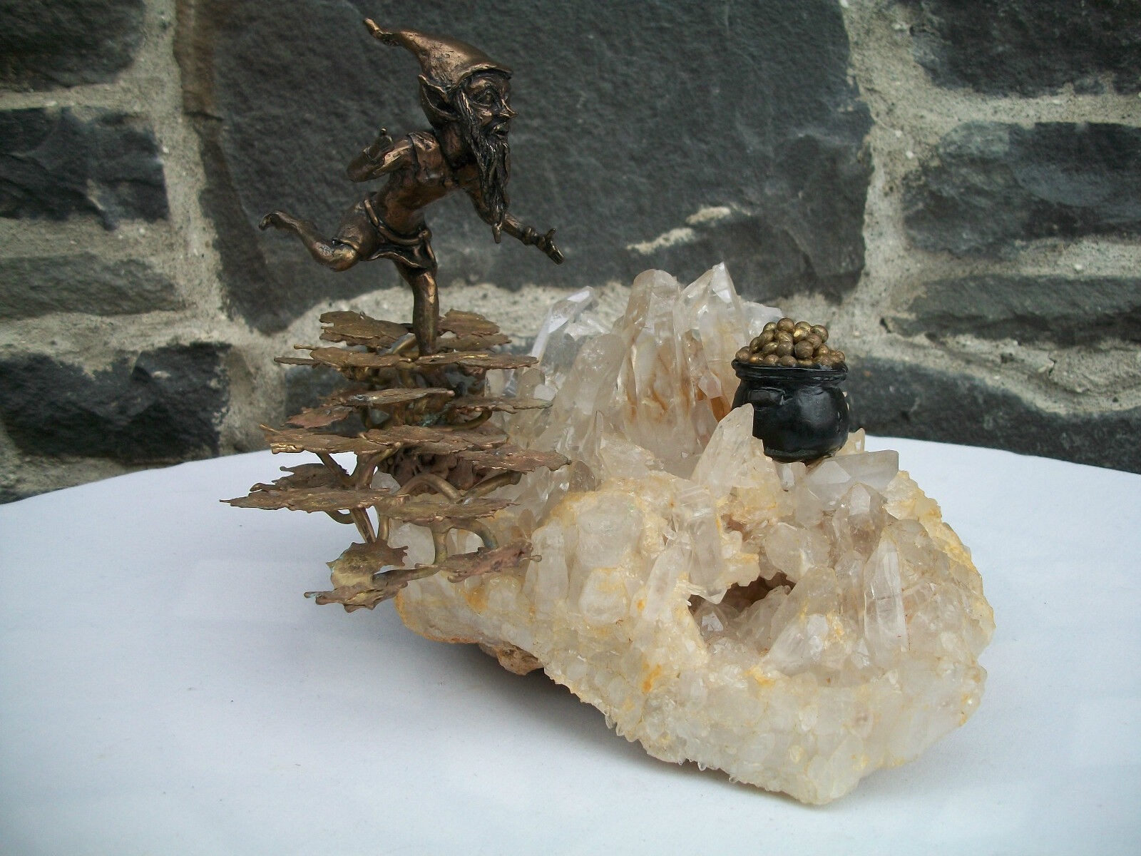 Amazing Bronze Irish Leprechaun Chasing Pot of Gold on Crystal Quartz Formation 