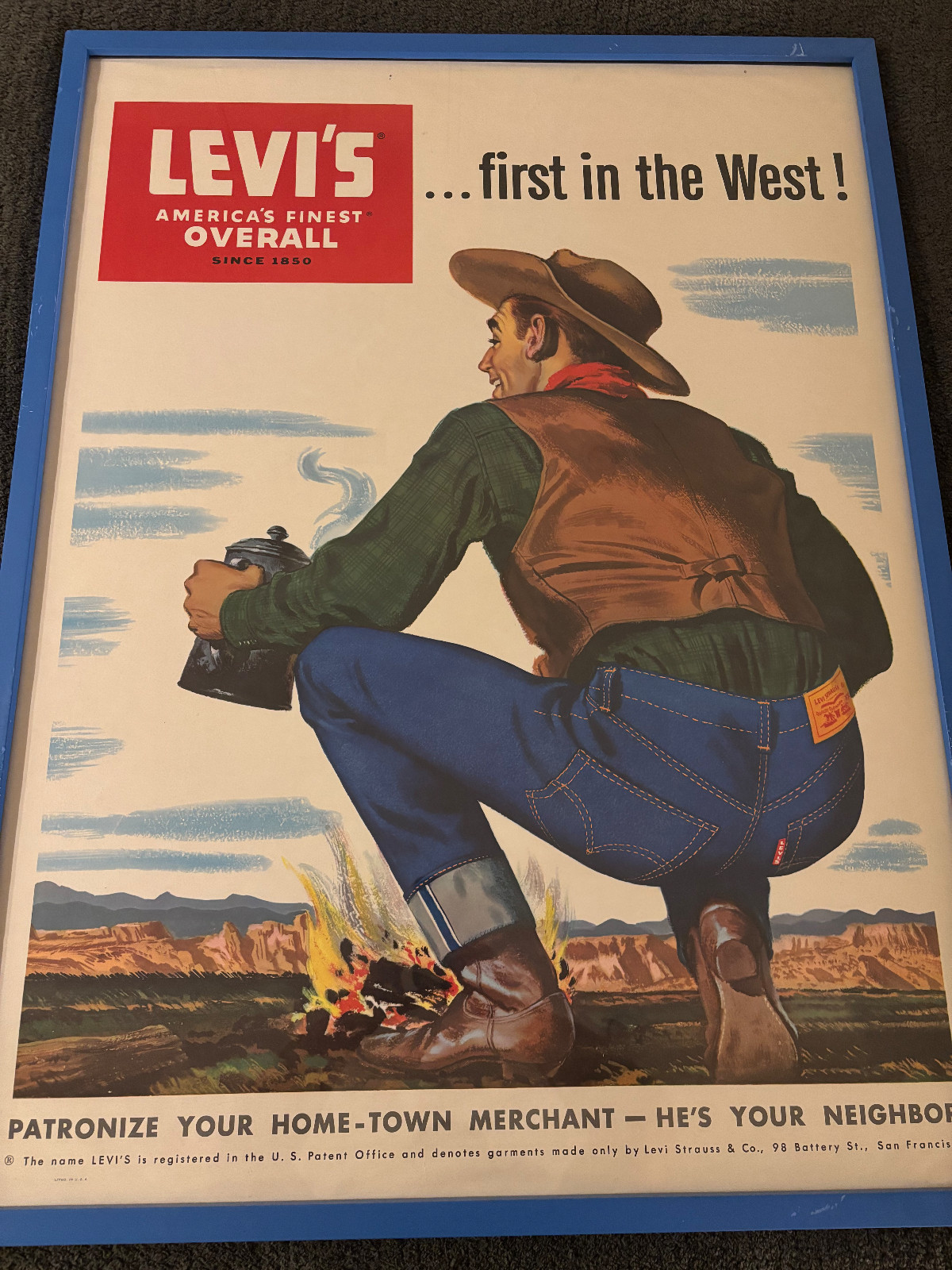 Vintage 1940s–50s Levi’s Store Poster – Original Western Cowboy – Museum Quality Vintage 1940s–50s Levi’s Store Poster – Original Western Cowboy – Museum Quality