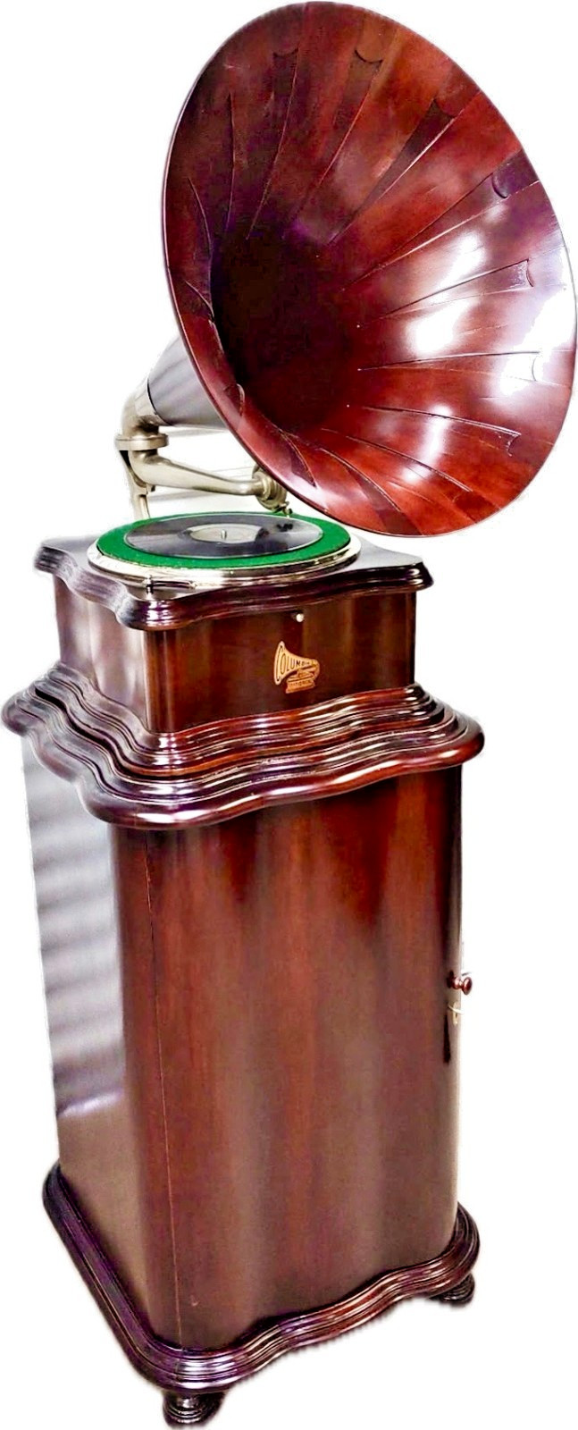 COLUMBIA BY MAHOGANY PHONOGRAPH WITH MATCHING BASE CABINET AND WOOD HORN