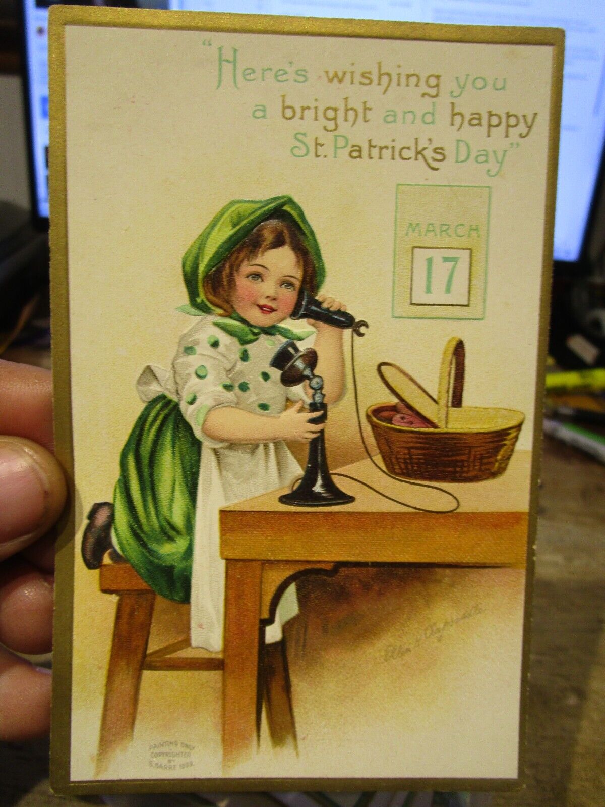 Victorian Era Old ST SAINT PATRICK\'S DAY Postcard March 17 Calendar Girl Phone