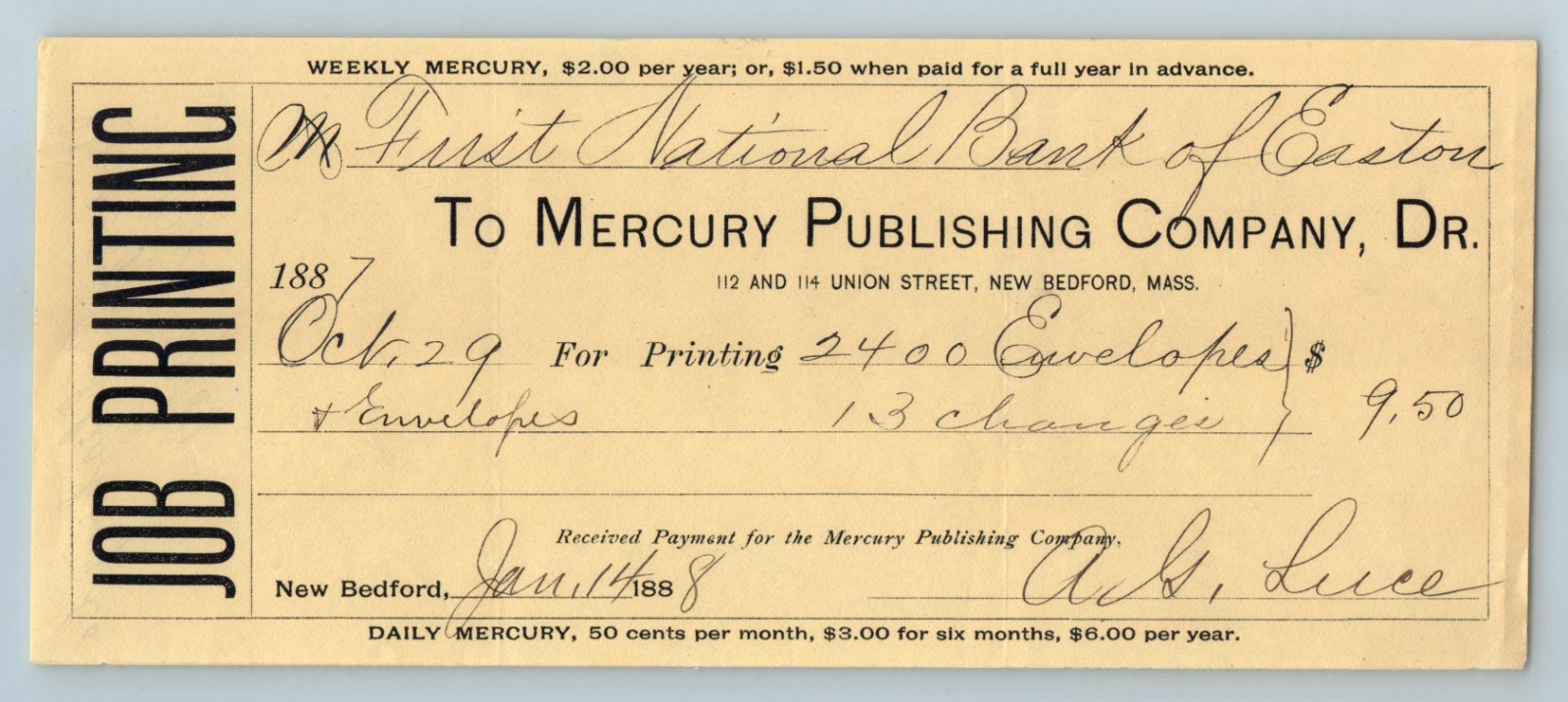 Check Mercury Publishing Company Bedford MA 1/14 1888 First National Bank Easton