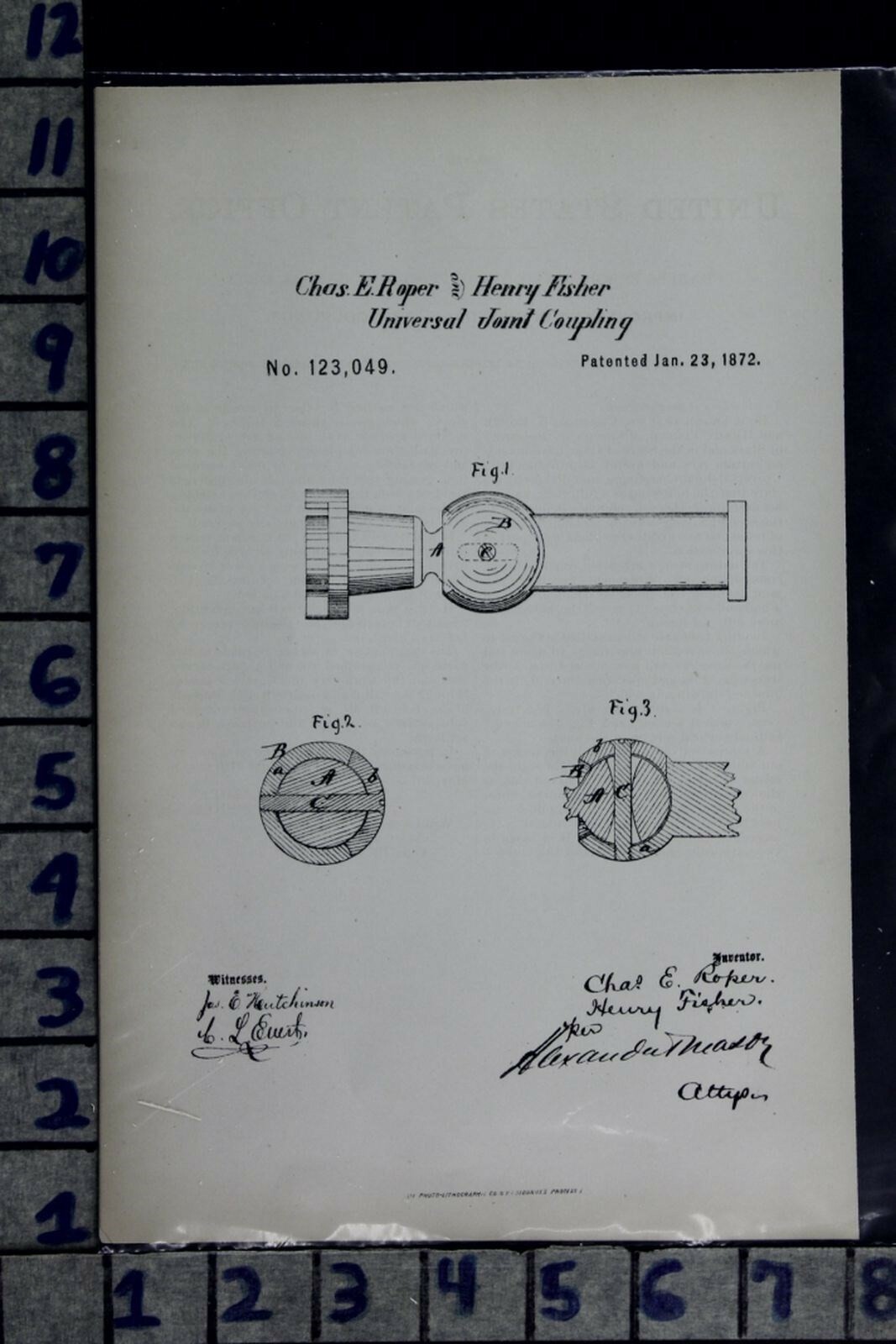 1872 ROPER FISHER CANTON OHIO UNIVERSAL JOINT COUPLING PATENT LITHO 123049 1872 ROPER FISHER CANTON OHIO UNIVERSAL JOINT COUPLING PATENT LITHO 123049