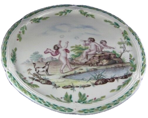 Antique 18thC Capodimonte Porcelain Soft Paste Soap Bubble Scene Cake Plate