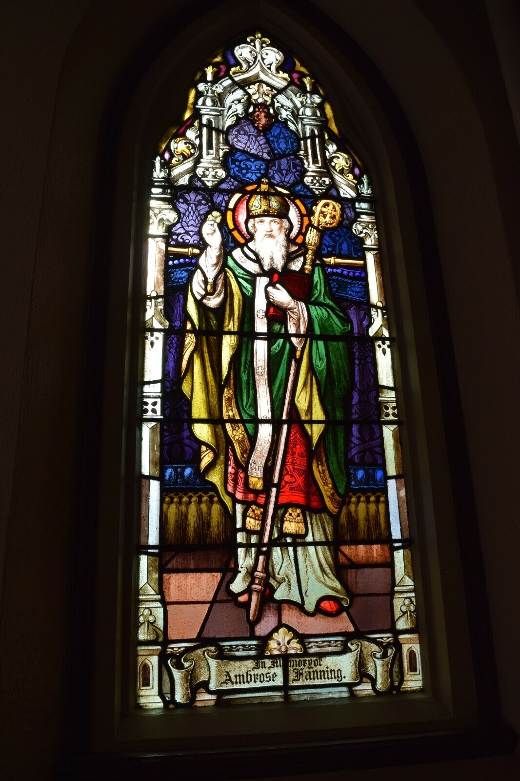 + Fine Older Stained Glass Church Window of St. Patrick (#21) chalice co.