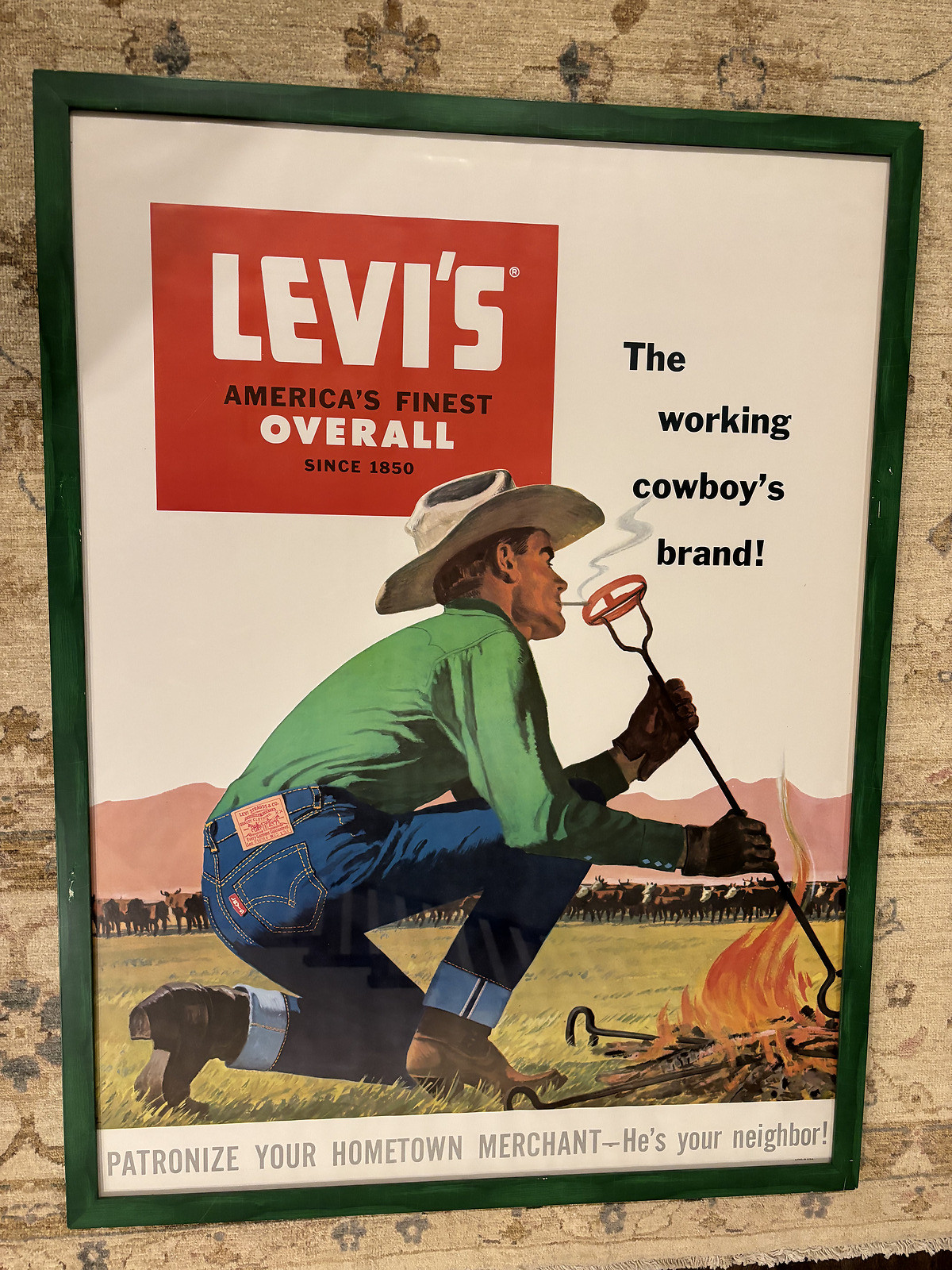 Vintage 1940s–50s Levi’s Store Poster – Cowboy Branding Cattle – Museum Quality