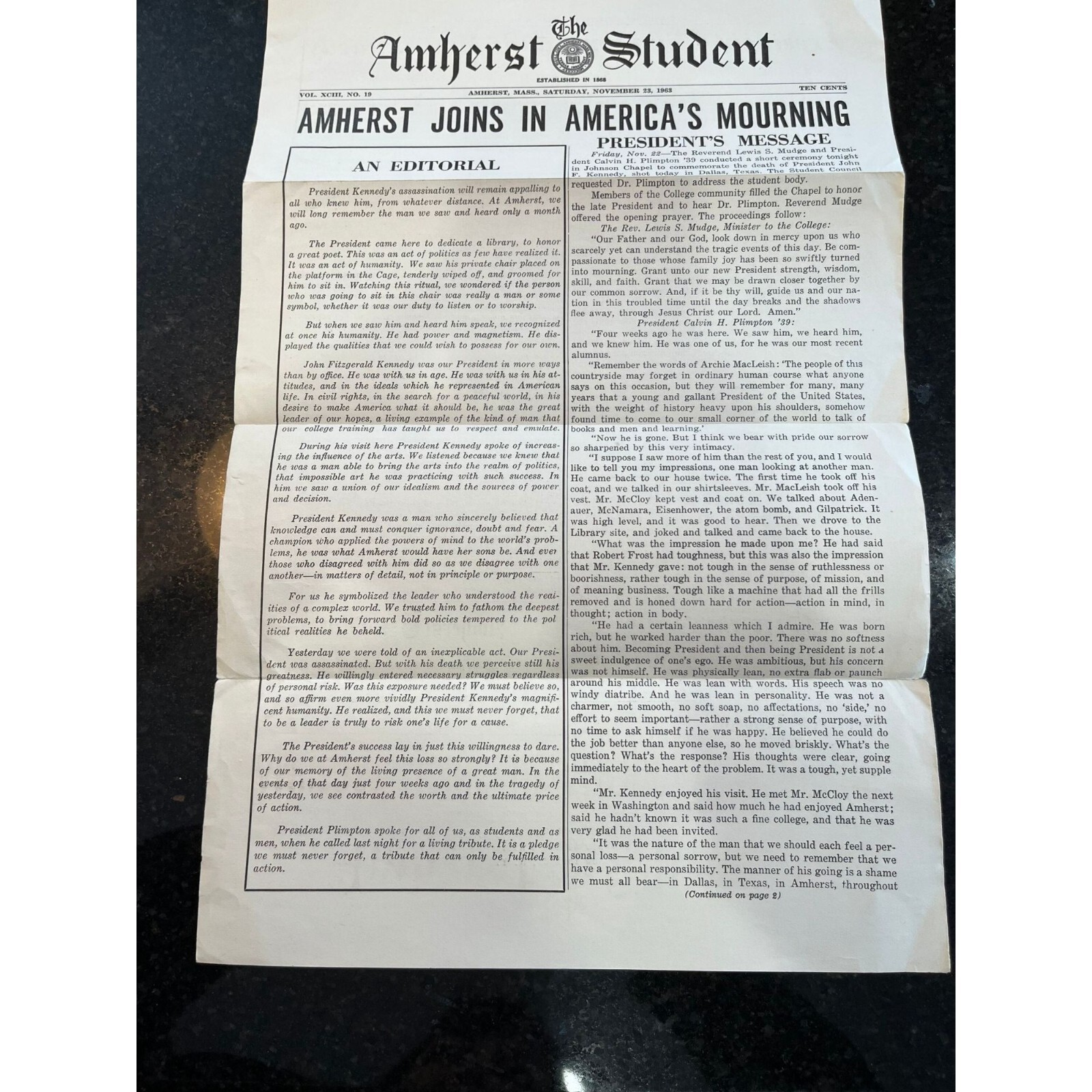 Vtg Amherst College The Amherst Student Newspaper November 23, 1963 VOL. XCIII N Vtg Amherst College The Amherst Student Newspaper November 23, 1963 VOL. XCIII N