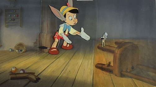 PINOCCHIO & JIMINY CRICKET, 1940 KEY DISNEY PRODUCTION BG SETUP VINTAGE NEW NM-M PINOCCHIO & JIMINY CRICKET, 1940 KEY DISNEY PRODUCTION BG SETUP VINTAGE NEW NM-M
