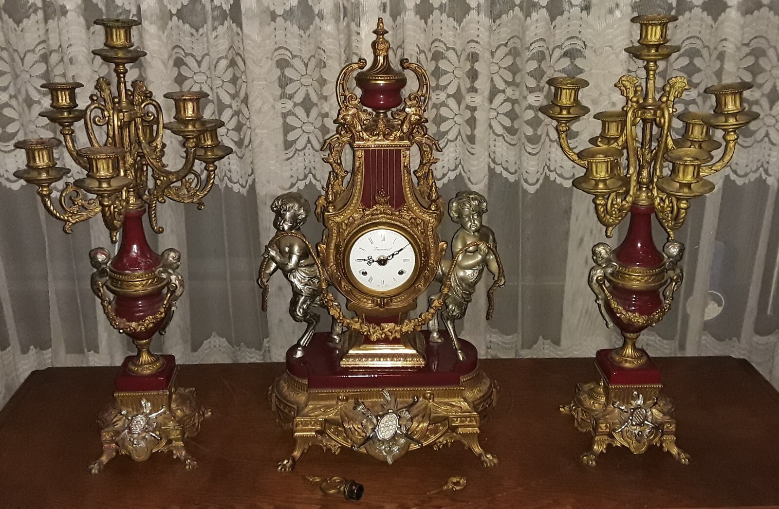 Vintage Imperial Brevettato Italian/German Franz Hermle Clock w/ 2 Candelabras Vintage Imperial Brevettato Italian/German Franz Hermle Clock w/ 2 Candelabras
