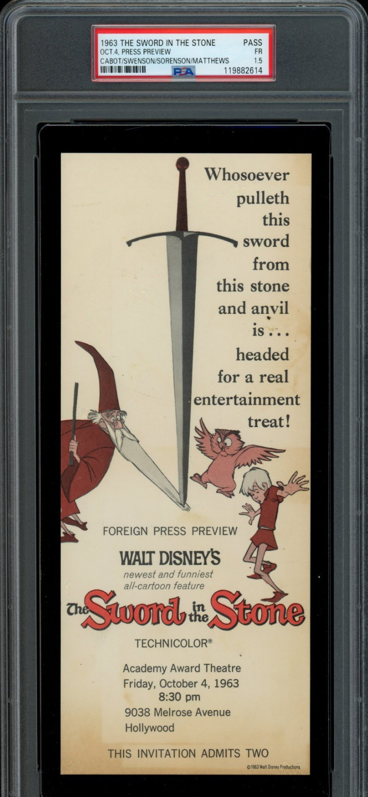 THE SWORD IN THE STONE / 1963 Walt Disney Press Preview Movie Ticket, PSA 1.5 THE SWORD IN THE STONE / 1963 Walt Disney Press Preview Movie Ticket, PSA 1.5