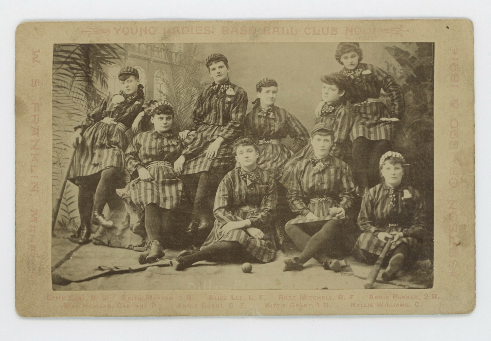 1890-1891 YOUNG LADIES BASEBALL CLUB NO. 1 CABINET PHOTO, STRIPED UNIFORMS 1890-1891 YOUNG LADIES BASEBALL CLUB NO. 1 CABINET PHOTO, STRIPED UNIFORMS