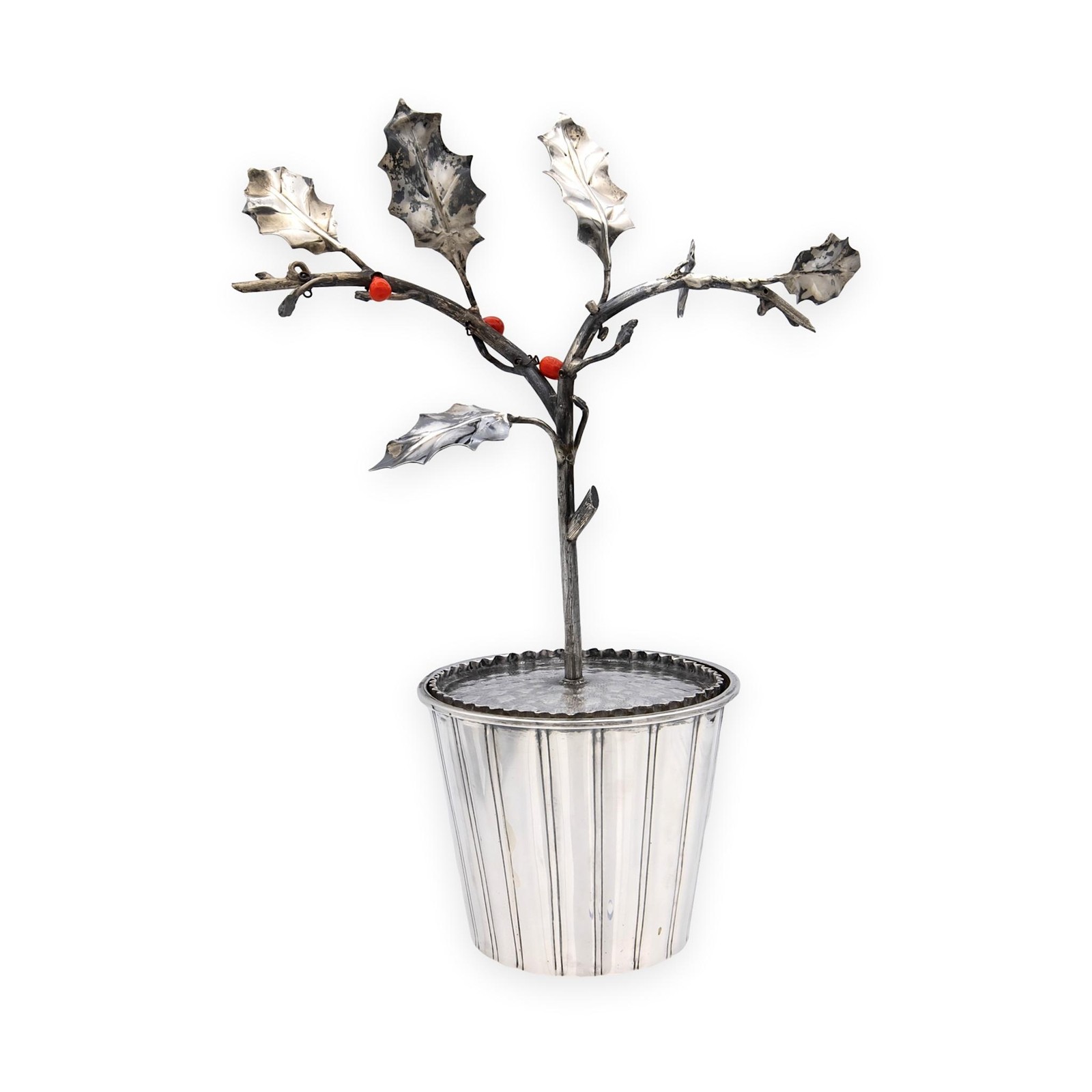 Attilio Codognato Signed 800 Silver & Red Coral Holly Tree Objet d'Art, Ca. 1990 Attilio Codognato Signed 800 Silver & Red Coral Holly Tree Objet d'Art, Ca. 1990