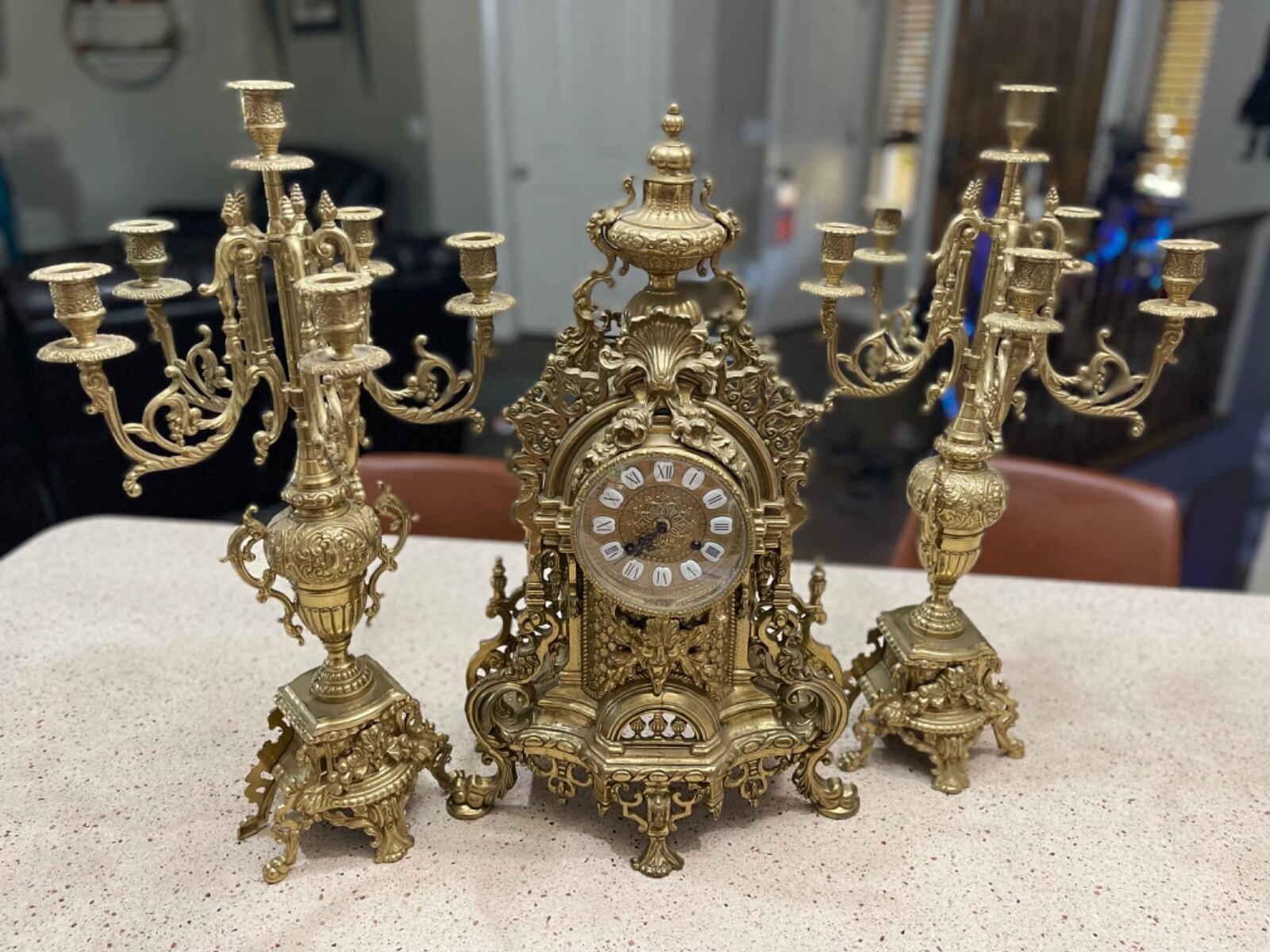 1950’s Franz Hermle imperial vintage,brass, wind up, clock with 2 candelabras. 1950’s Franz Hermle imperial vintage,brass, wind up, clock with 2 candelabras.