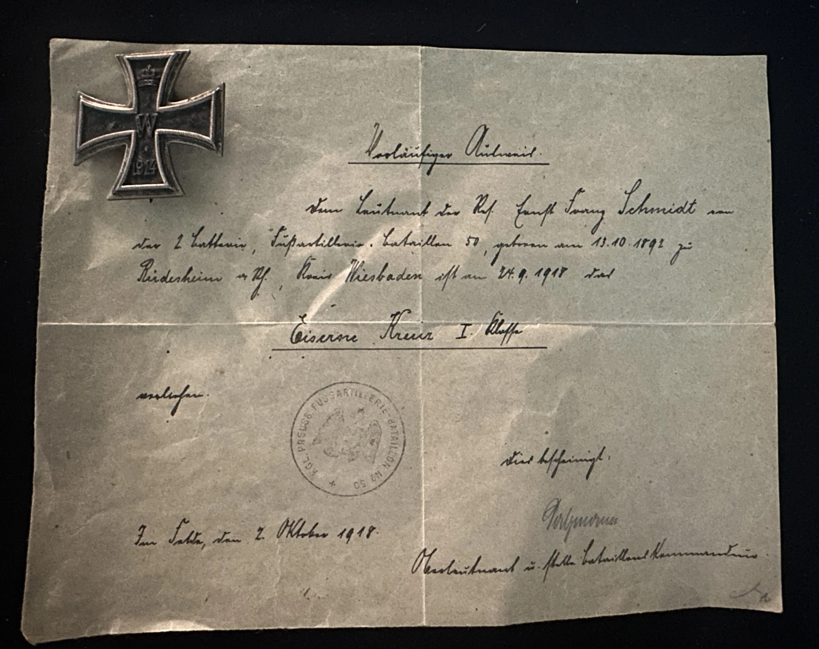 Prussia – Iron Cross 1st Class with Provisional Award Document (1918) Prussia – Iron Cross 1st Class with Provisional Award Document (1918)