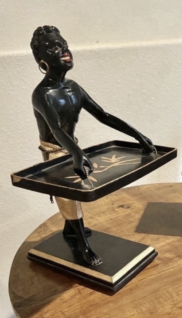 Rare Vintage Hand Carved Wood Blackamoor Holding a Tray with Ivory Teeth, 14.5” Rare Vintage Hand Carved Wood Blackamoor Holding a Tray with Ivory Teeth, 14.5”