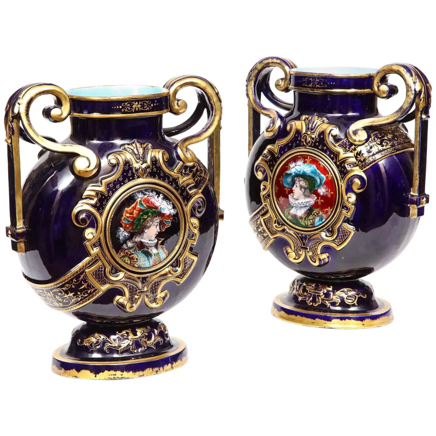 Rare Pair of French Cobalt Blue Porcelain and Limoges Enamel Portrait Vases