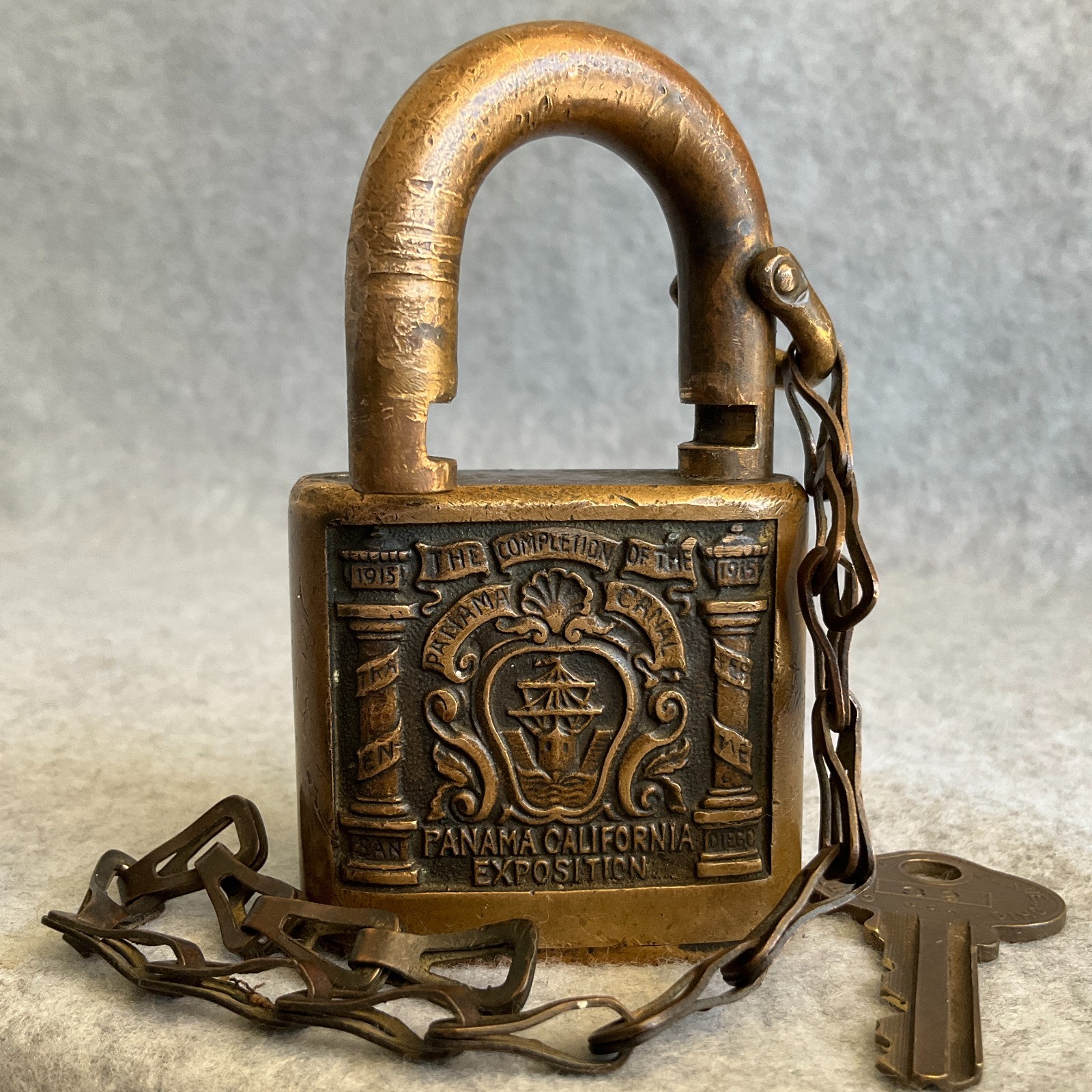 Fine Antique 1915 Panama California Exposition San Diego Cast Brass Lock w/ Key Fine Antique 1915 Panama California Exposition San Diego Cast Brass Lock w/ Key