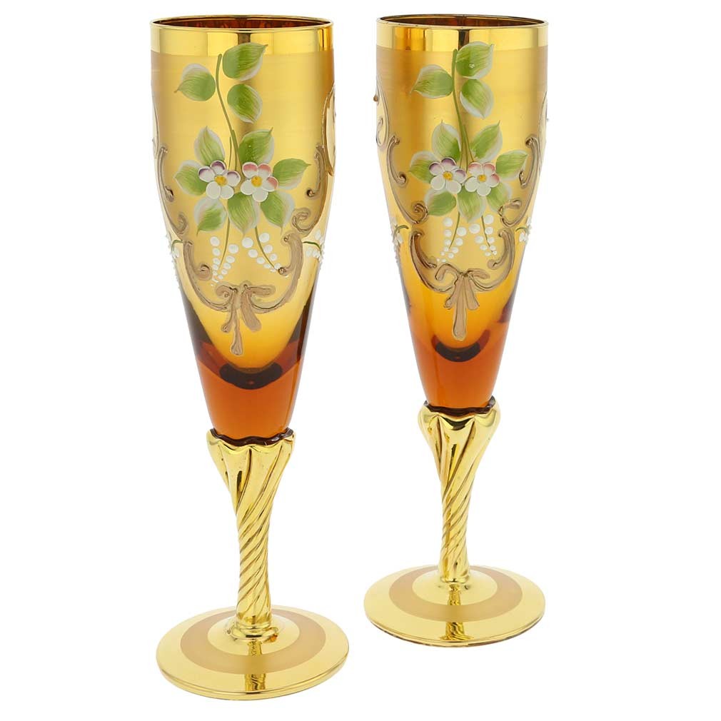 GlassOfVenice Set Of Two Figaro Murano Glass Champagne Flutes 24K Gold Leaf- Gol GlassOfVenice Set Of Two Figaro Murano Glass Champagne Flutes 24K Gold Leaf- Gol