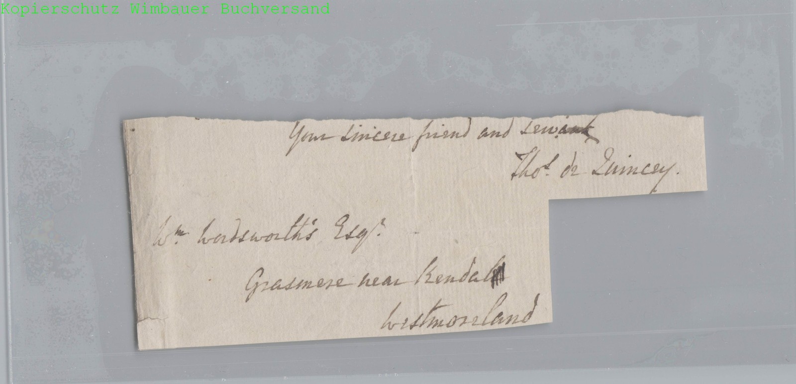 Original Autograph Thomas de Quincey (1985-1859) Fragment of a Letter to Wordswo Original Autograph Thomas de Quincey (1985-1859) Fragment of a Letter to Wordswo