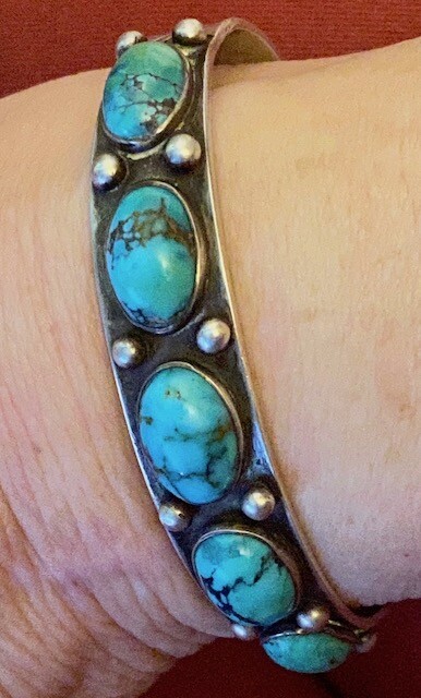 Best Navajo c1940s Bracelet Superb Natural Turquoise Hand Made Hand Stamped  Y
