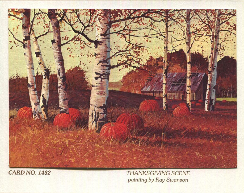 VINTAGE THANKSGIVING PUMPKINS PAPER BIRCH TREE COUNTRY RAY SWANSON GREETING CARD