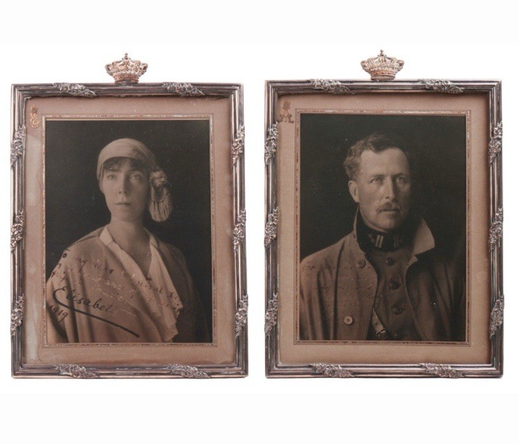 Royal Portraits of King Albert I & Queen Elisabeth In Silver Frames Inscribed Royal Portraits of King Albert I & Queen Elisabeth In Silver Frames Inscribed