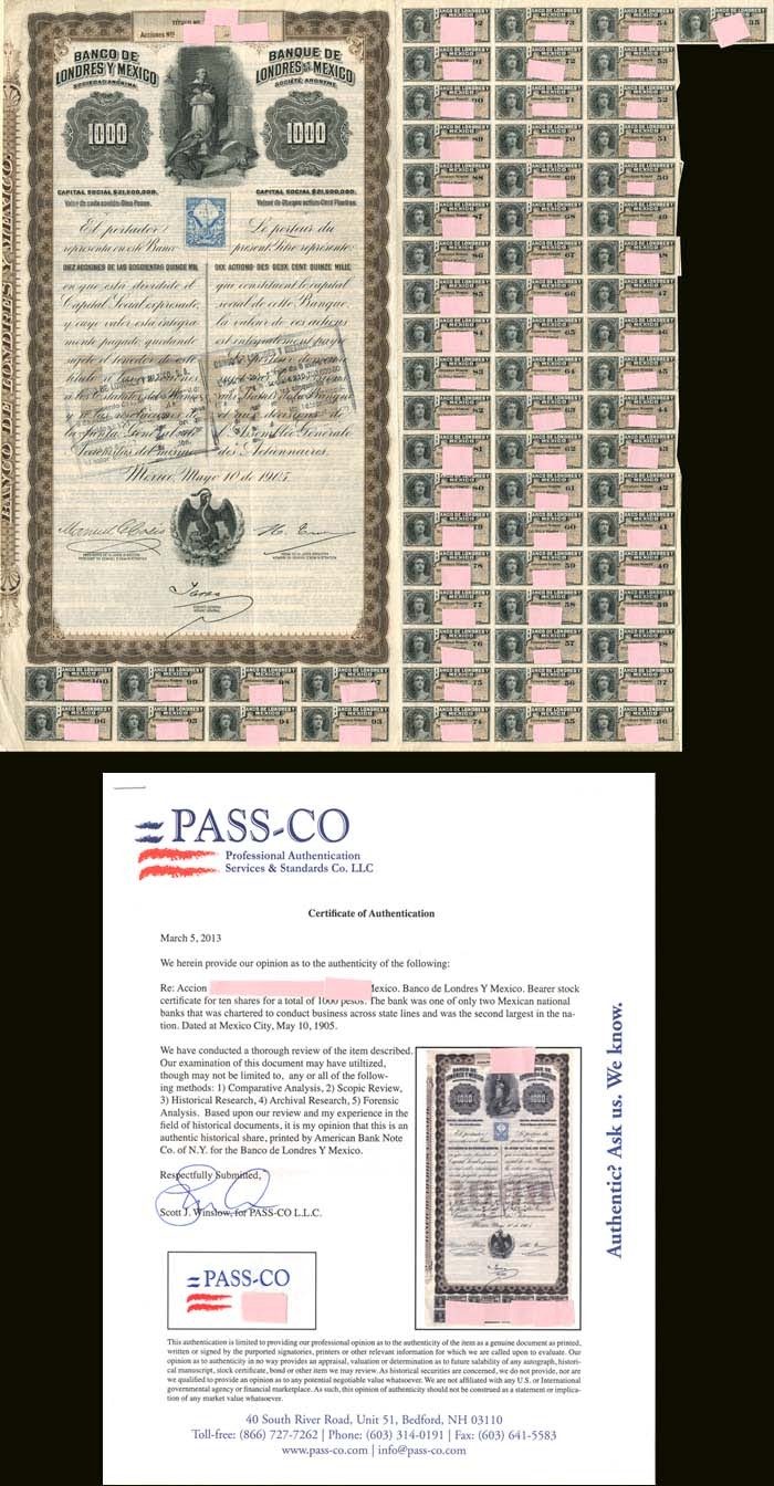 Queen Victoria - Banco de Londres Y Mexico - 1,000 Pesos - 1905 dated Stock Ce