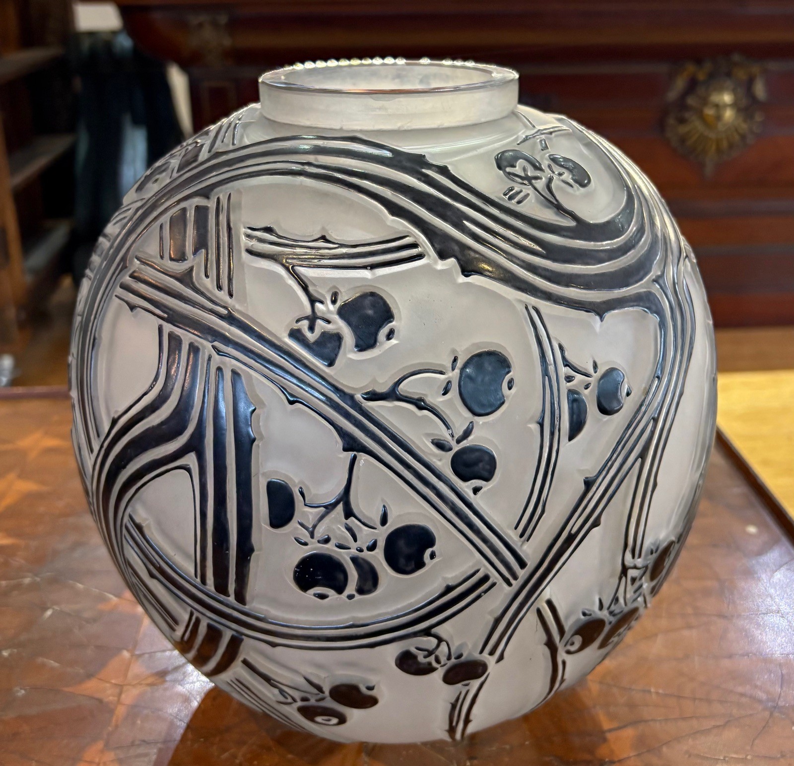 René Lalique Baies Vase No.894 Black Enamel Frosted Glass c1924 Signed René Lalique Baies Vase No.894 Black Enamel Frosted Glass c1924 Signed