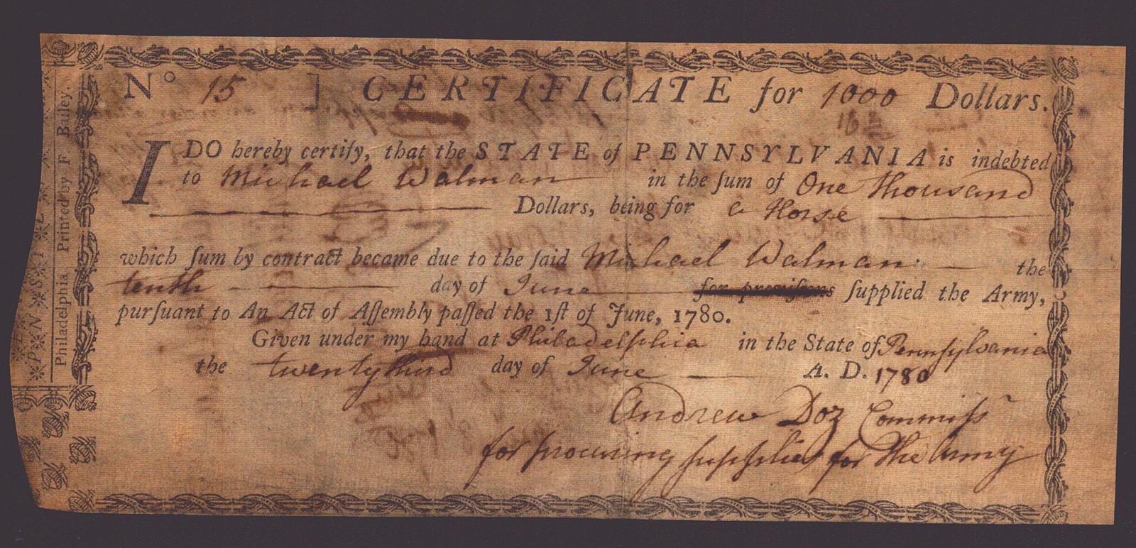 JOHN NICHOLSON - PROMISSORY NOTE SIGNED 03/18/1786 CO-SIGNED BY: ANDREW DOZ JOHN NICHOLSON - PROMISSORY NOTE SIGNED 03/18/1786 CO-SIGNED BY: ANDREW DOZ