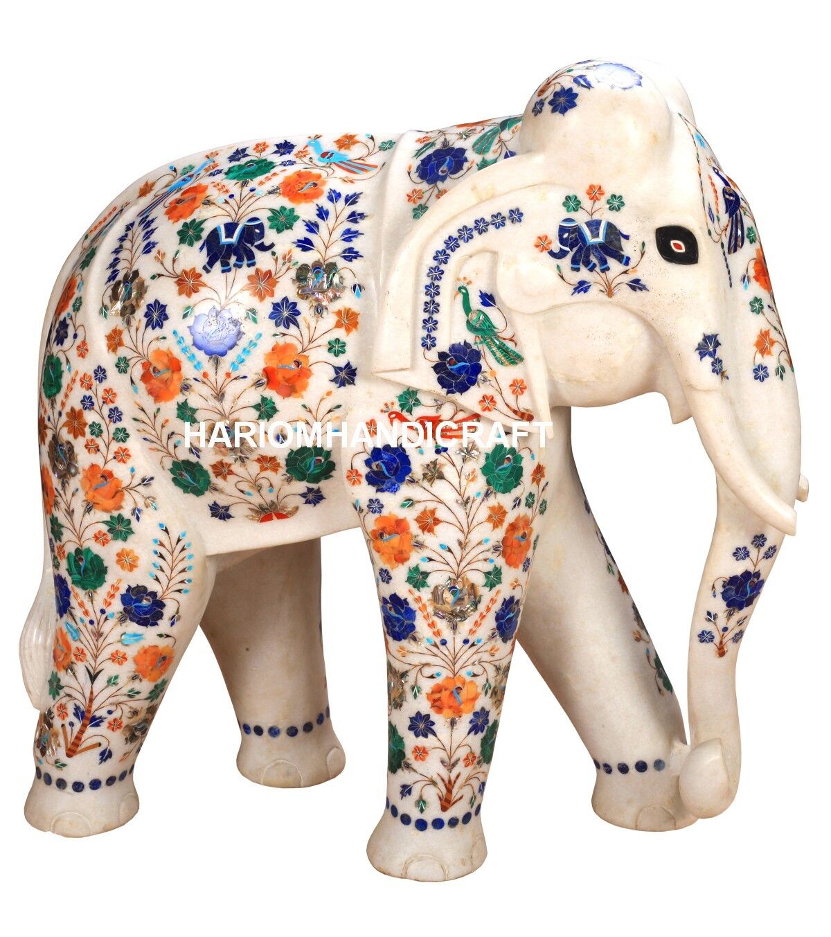 15'' Marble Elephant Statue Multi Floral Gemstone Inlay Trunk Down Decorate M258