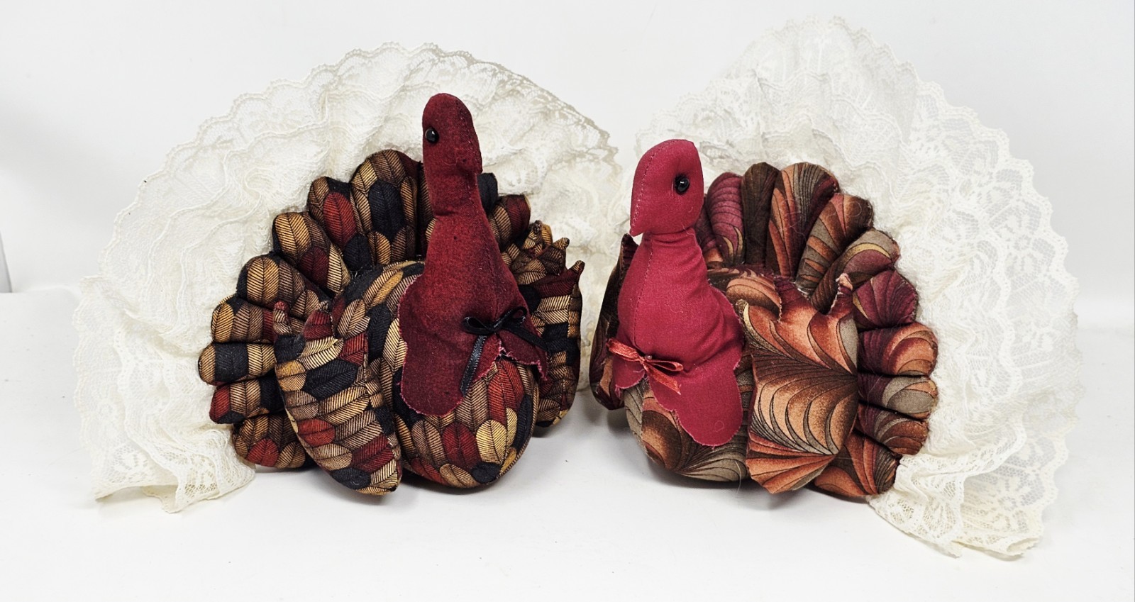 Vintage Handmade Fabric Turkey Pair Rustic Thanksgiving Decor Lace Tails Set