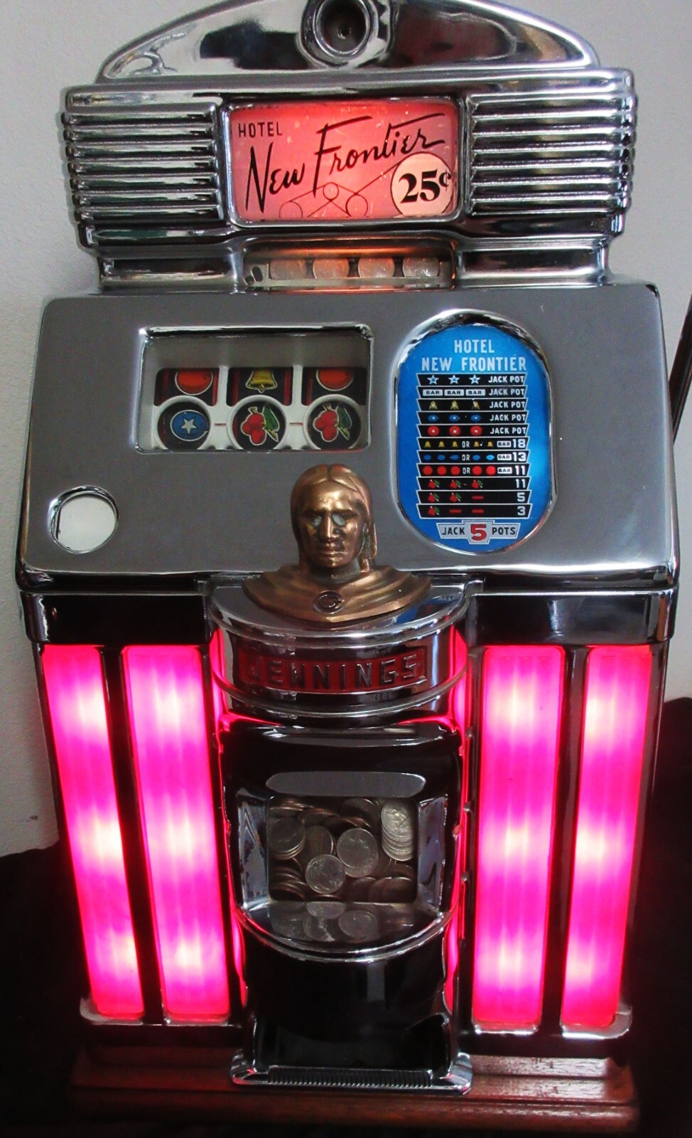 Jennings 25c Red Lite Up Sun Chief Slot Machine, New Frontier Casino Jennings 25c Red Lite Up Sun Chief Slot Machine, New Frontier Casino