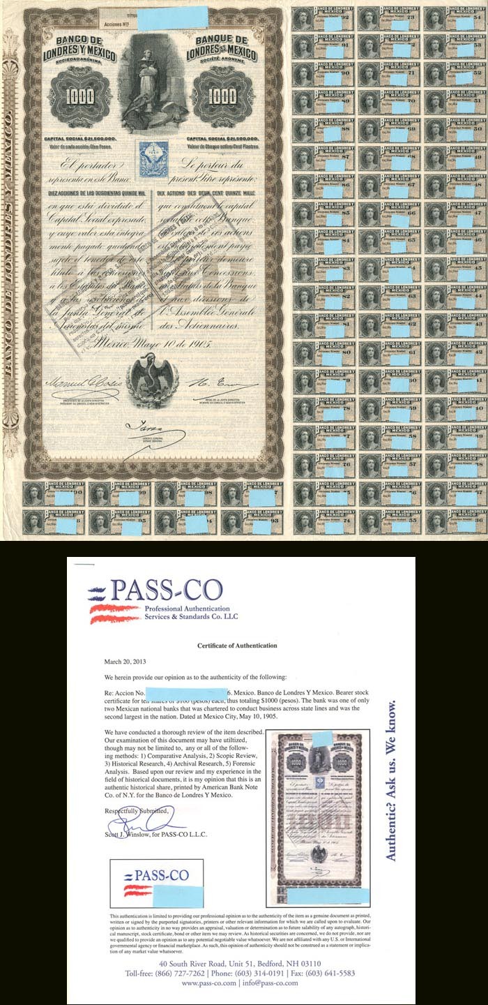 Queen Victoria $1,000 Pesos Banco De Londres Y Mexico - 1905 dated Mexican Sto